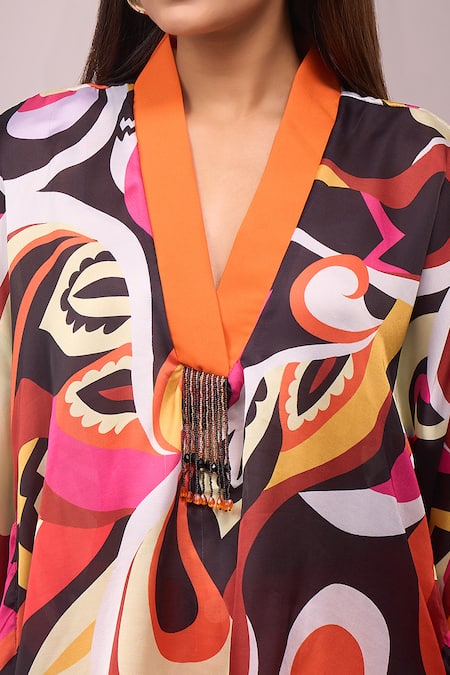 Naintara Bajaj_Orange Crepe V-neck Colorful Hanging Hand Work Top And Pant Set _Online_at_Aza_Fashions