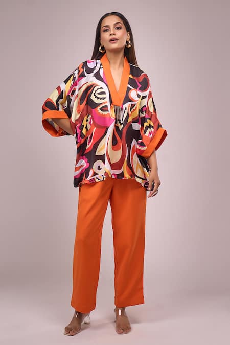 Buy_Naintara Bajaj_Orange Crepe V-neck Colorful Hanging Hand Work Top And Pant Set _Online_at_Aza_Fashions