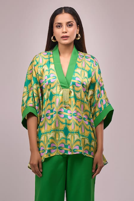 Buy_Naintara Bajaj_Green Crepe Embroidery V-neck Hanging Hand Work Top And Pant Set _Online_at_Aza_Fashions