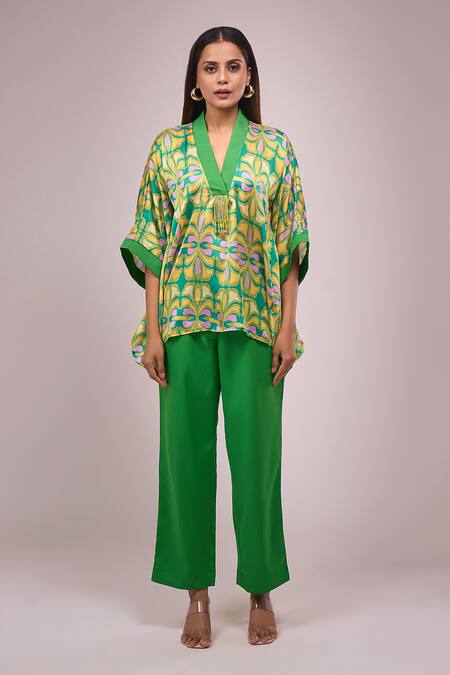 Shop_Naintara Bajaj_Green Crepe Embroidery V-neck Hanging Hand Work Top And Pant Set _Online_at_Aza_Fashions