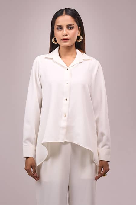 Buy_Naintara Bajaj_White Crepe Embroidery, Sequins Collared Shirt And Pant Set _Online_at_Aza_Fashions