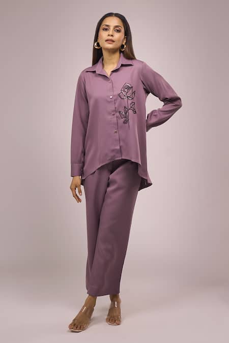 Samyukta Singhania_Purple Crepe Embroidery Collared Shirt And Pant Set _Online_at_Aza_Fashions