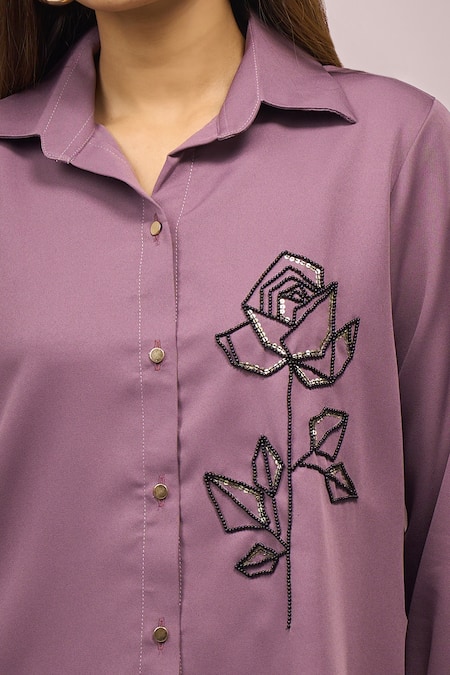 Buy_Samyukta Singhania_Purple Crepe Embroidery Collared Shirt And Pant Set _Online_at_Aza_Fashions