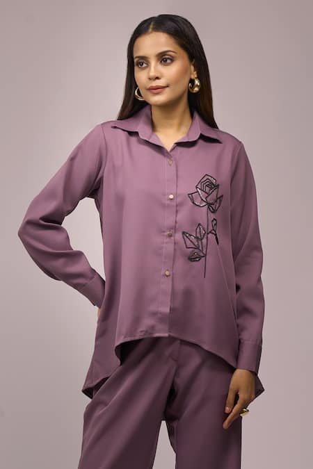 Shop_Samyukta Singhania_Purple Crepe Embroidery Collared Shirt And Pant Set _Online_at_Aza_Fashions