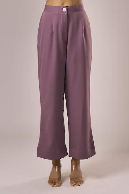 Samyukta Singhania_Purple Crepe Embroidery Collared Shirt And Pant Set _at_Aza_Fashions