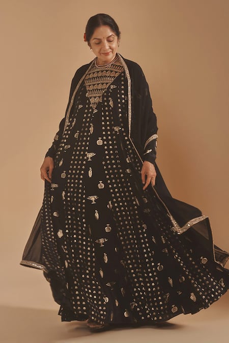 Shop_Masaba_Black Crepe, Silk, Georgette Embroidery, Foil Printing, Anarkali With Dupatta 