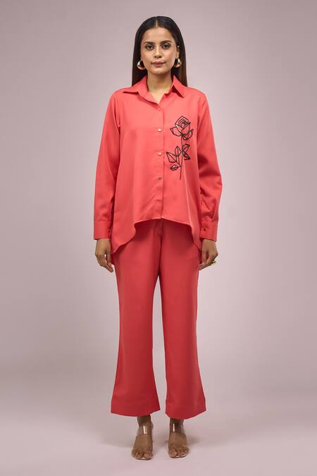 Shop Samyukta Singhania Orange Crepe Embroidery Collared Shirt And Pant Set Online at Aza Fashions Shop_Samyukta Singhania_Orange Crepe Embroidery Collared Shirt And Pant Set _Online_at_Aza_Fashions
