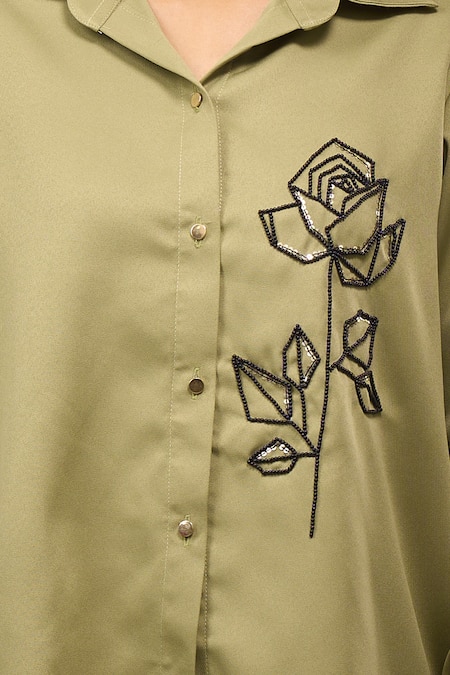 Shop_Samyukta Singhania_Green Crepe Embroidery Collared Shirt And Pant Set _Online_at_Aza_Fashions