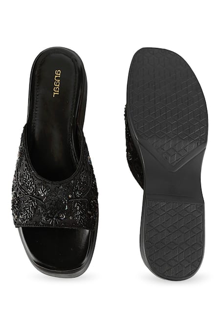 Anaar_Black Beads, Sequins Satin Designer May Moon Sandals _at_Aza_Fashions