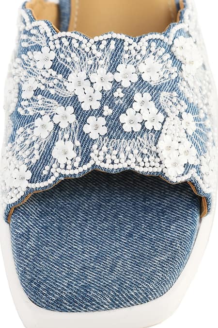 Anaar_Blue Beads, Sequins Designer Denim Mallorca Sandals _at_Aza_Fashions