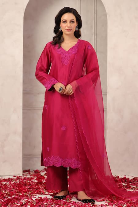 Anshu Wadhwa Coral Chanderi, Organza Embroidery Round Neck Wine Kurta Set 