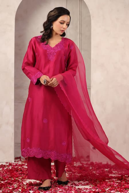 Shop_Anshu Wadhwa_Coral Chanderi, Organza Embroidery Round Neck Wine Kurta Set _Online_at_Aza_Fashions