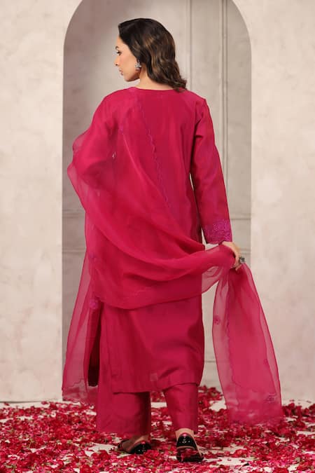 Anshu Wadhwa Wine Chanderi Embroidered Kurta Set 