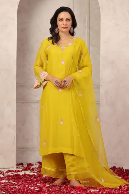 Anshu Wadhwa Yellow Chanderi, Organza Embroidery V-neck Kurta Set 