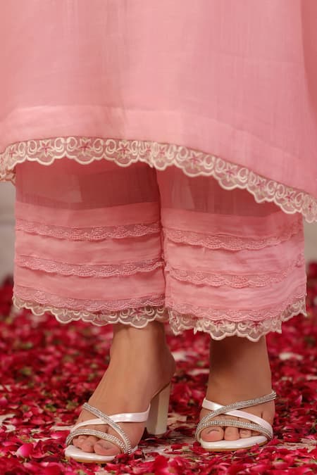 Shop_Anshu Wadhwa_Pink Chanderi, Organza Lace V-neck Kurta Set With Dupatta _Online_at_Aza_Fashions