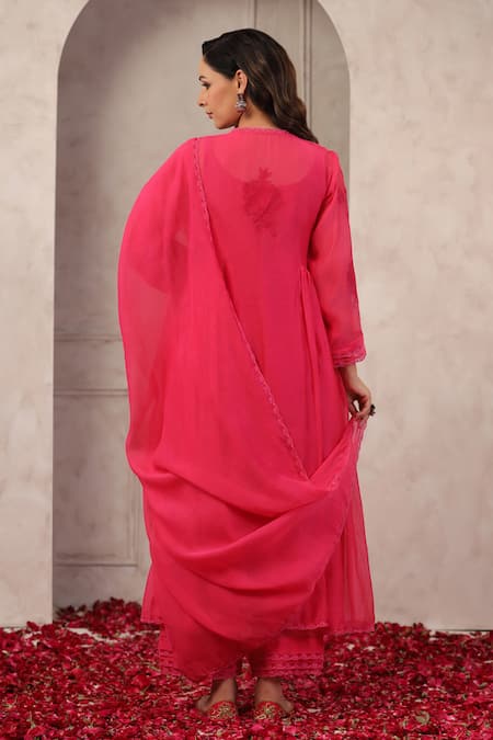 Anshu Wadhwa Pink Chanderi Kurta Pant Dupatta Set 