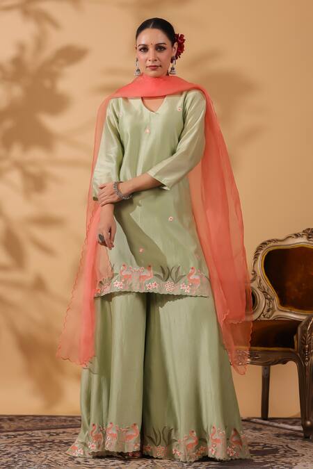 Shop_Anshu Wadhwa_Green Chanderi, Organza Embroidery V-neck Kurta Sharara Set _Online_at_Aza_Fashions