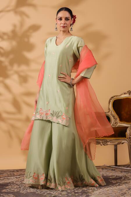 Anshu Wadhwa_Green Chanderi, Organza Embroidery V-neck Kurta Sharara Set _at_Aza_Fashions