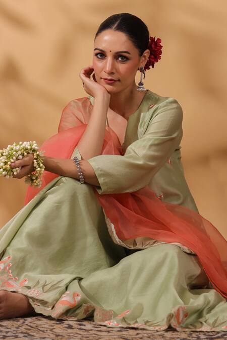 Buy_Anshu Wadhwa_Green Chanderi, Organza Embroidery V-neck Kurta Sharara Set 