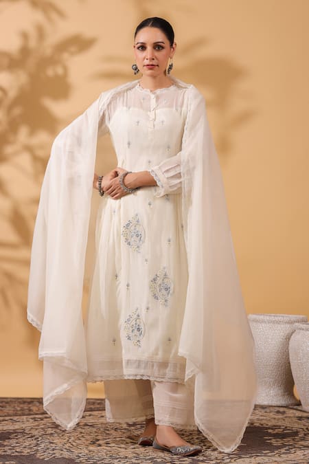 Anshu Wadhwa Ivory Chanderi, Organza Embroidery Collared Kurta Set 