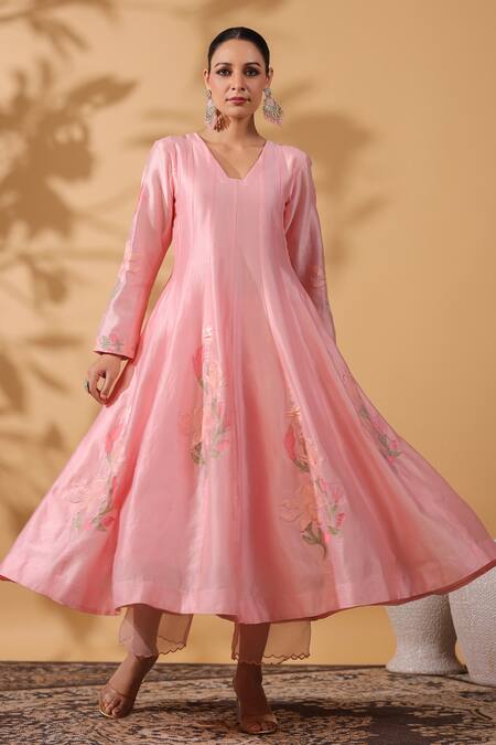 Shop_Anshu Wadhwa_Pink Chanderi, Organza Embroidery V-neck Anarkali Set _Online_at_Aza_Fashions