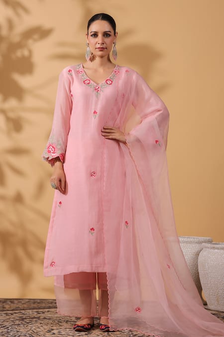 Anshu Wadhwa Pink Chanderi, Organza Embroidery V-neck Kurta Set 