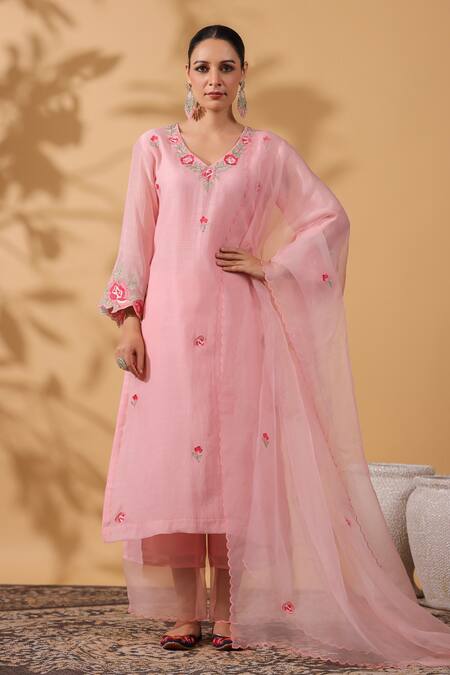 Shop_Anshu Wadhwa_Pink Chanderi Embroidery V-neck Kurta Set _Online_at_Aza_Fashions