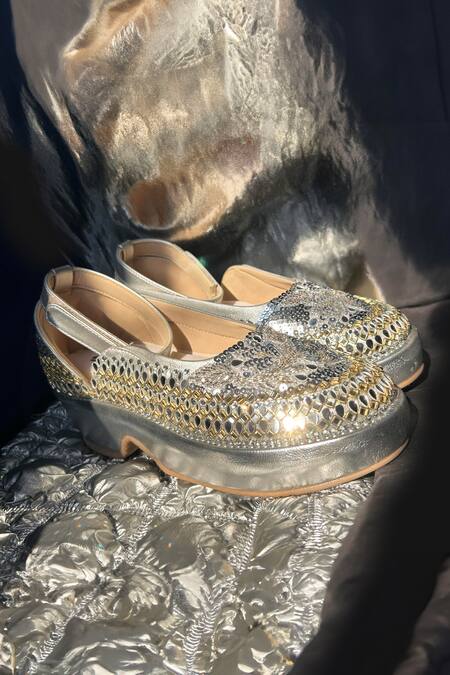 Shop Chal Jooti Silver Aaina Mahal Designer Wedding Sneakers Online at Aza Fashions Shop_Chal Jooti_Silver Aaina Mahal Designer Wedding Sneakers_Online_at_Aza_Fashions