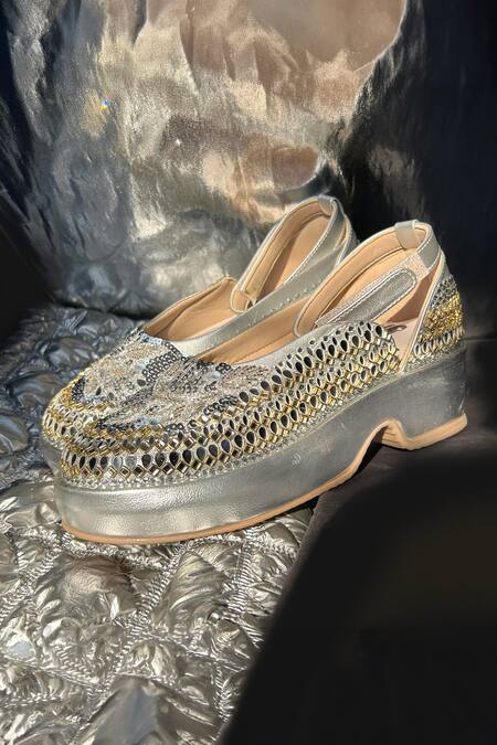 Shop Chal Jooti Silver Aaina Mahal Designer Wedding Sneakers at Aza Fashions Shop_Chal Jooti_Silver Aaina Mahal Designer Wedding Sneakers_at_Aza_Fashions