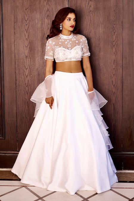 Rashika Sharma_White Net, Satin, Organza Embroidery, Pearls, Mirrors Round Maheem Lehenga Set _Online_at_Aza_Fashions