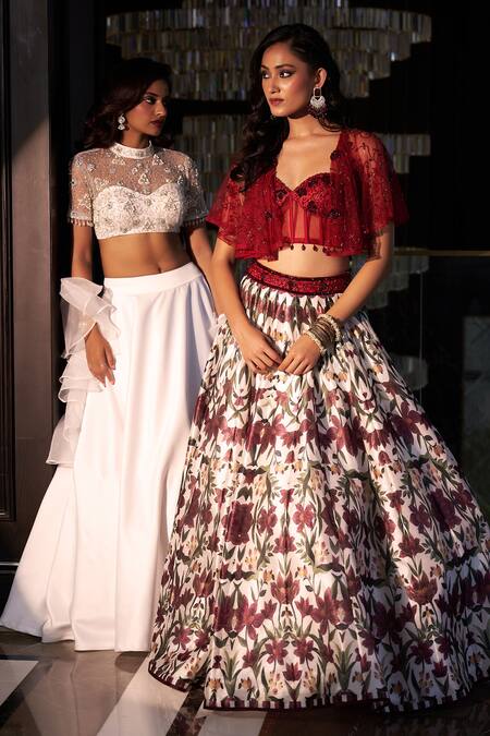 Shop_Rashika Sharma_White Net, Satin, Organza Embroidery, Pearls, Mirrors Round Maheem Lehenga Set _Online_at_Aza_Fashions