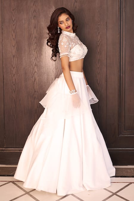 Buy_Rashika Sharma_White Net, Satin, Organza Embroidery, Pearls, Mirrors Round Maheem Lehenga Set 