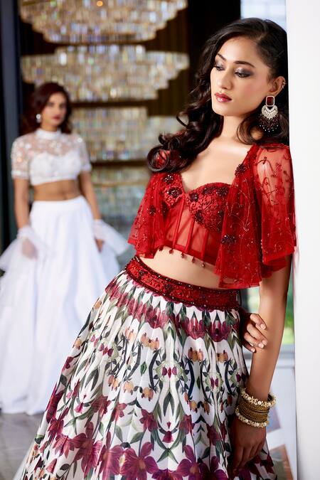 Buy_Rashika Sharma_Maroon Net, Silk Pearls Sweetheart Neck Saanjh Printed Lehenga Set _Online_at_Aza_Fashions