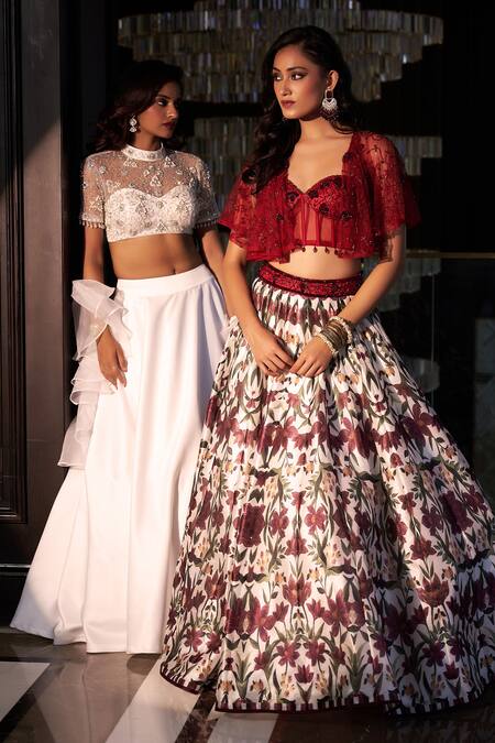 Buy_Rashika Sharma_Maroon Net, Silk Pearls Sweetheart Neck Saanjh Printed Lehenga Set 