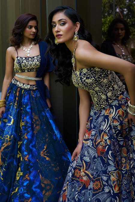 Rashika Sharma_Blue Georgette, Organza Embroidery Round Neck Marble Printed Lehenga Set _Online_at_Aza_Fashions