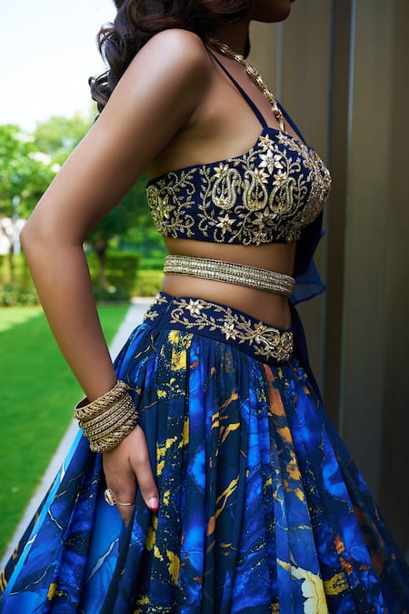 Buy_Rashika Sharma_Blue Georgette, Organza Embroidery Round Neck Marble Printed Lehenga Set _Online_at_Aza_Fashions