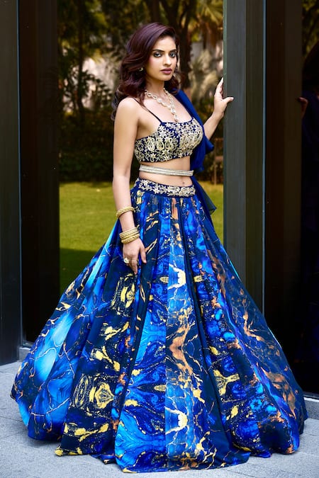 Shop_Rashika Sharma_Blue Georgette, Organza Embroidery Round Neck Marble Printed Lehenga Set _Online_at_Aza_Fashions