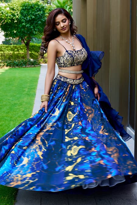 Rashika Sharma_Blue Georgette, Organza Embroidery Round Neck Marble Printed Lehenga Set _at_Aza_Fashions