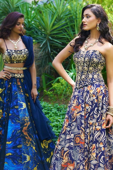 Buy_Rashika Sharma_Blue Georgette, Organza Embroidery Round Neck Marble Printed Lehenga Set 