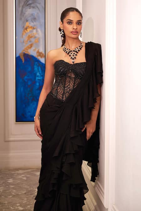 Shop_Rashika Sharma_Black Net, Shantoon, Chiffon Mirrors, Zari Ruffle Saree Set With Corset _Online_at_Aza_Fashions