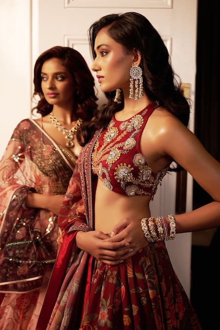 Buy_Rashika Sharma_Maroon Net, Georgette Mirrors, Zari, Embroidery Round Neck Hand Lehenga Set _Online_at_Aza_Fashions