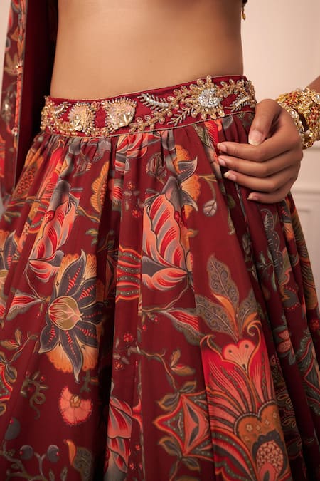 Rashika Sharma_Maroon Net, Georgette Mirrors, Zari, Embroidery Round Neck Hand Lehenga Set _at_Aza_Fashions