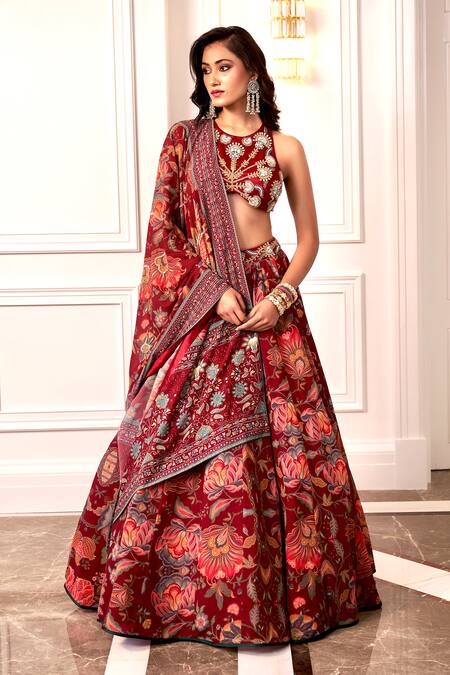 Shop_Rashika Sharma_Maroon Net, Georgette Mirrors, Zari, Embroidery Round Neck Hand Lehenga Set 