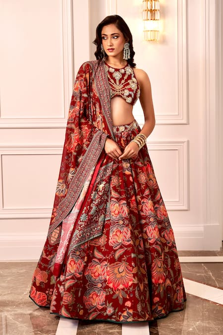 Rashika Sharma Maroon Net, Georgette Mirrors, Zari, Embroidery Round Neck Hand Lehenga Set