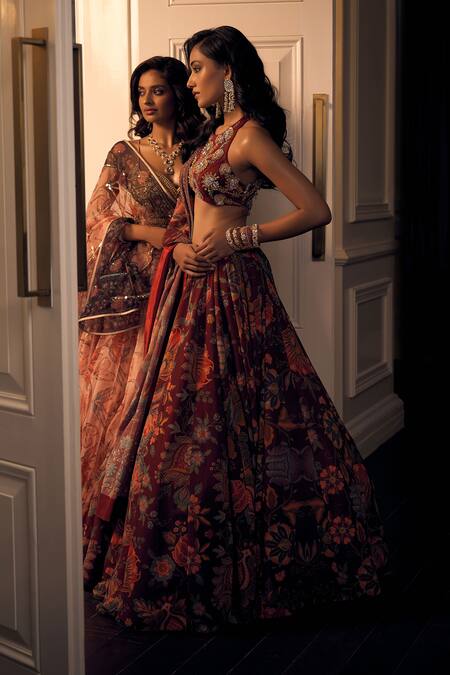 Rashika Sharma_Peach Net, Organza Zari, Mirrors, Cut Work, Embroidery Plunge Hand Lehenga Set _Online_at_Aza_Fashions