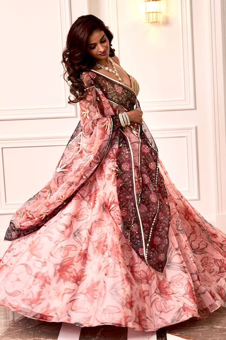Shop_Rashika Sharma_Peach Net, Organza Zari, Mirrors, Cut Work, Embroidery Plunge Hand Lehenga Set _Online_at_Aza_Fashions