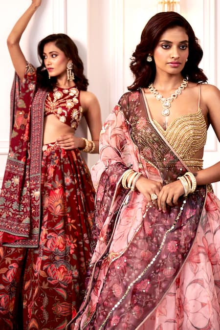 Rashika Sharma_Peach Net, Organza Zari, Mirrors, Cut Work, Embroidery Plunge Hand Lehenga Set _at_Aza_Fashions