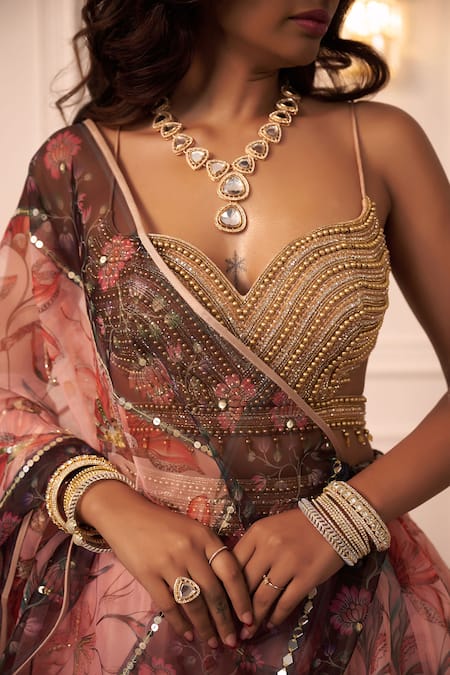 Shop_Rashika Sharma_Peach Net, Organza Zari, Mirrors, Cut Work, Embroidery Plunge Hand Lehenga Set 