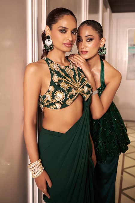 Shop_Rashika Sharma_Green Net, Georgette Embroidery, Mirrors, Zari Round Neck Hand Drape Saree Set 
