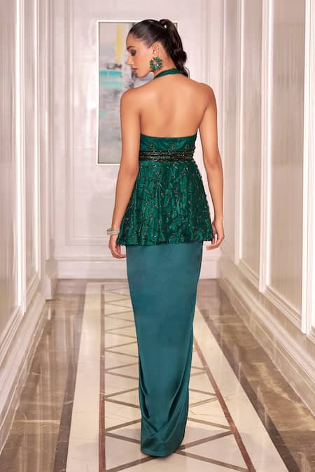 Rashika Sharma Green Peplum Kurta & Draped Skirt Set 